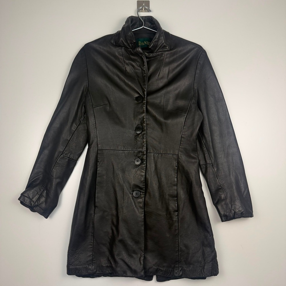 Danier Black Leather Trench Coat Womens Medium Button Front Jacket Canada Made